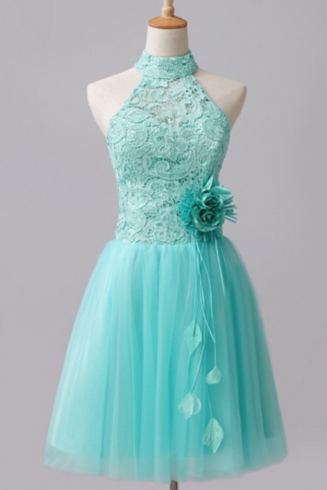 Mint Green Tulle Lace High Neck Short Homecoming Dress A Line Strapless Short Cocktail Party Gowns
