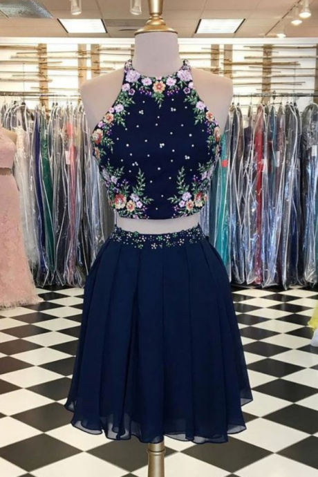 Unique Dark Blue Cocktail Dresses,Two Piece Short Prom Dress,Halter Flowers Chiffon Homecoming Dresses