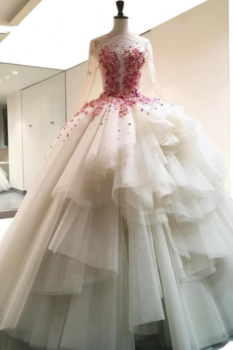Gorgeous Tiered Tulle Ball Gown Wedding Dresses Applique Lace See Though Long Sleeves Wedding Gowns Custom Made Bridal Dresses