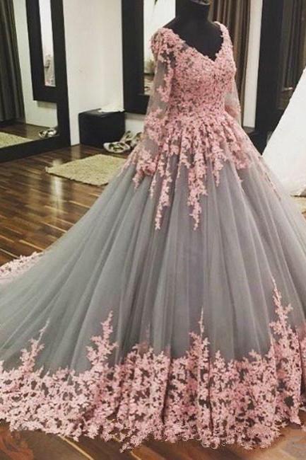 Romantic 2020 Grey Tulle Pink Lace Wedding Dresses Ball Gown Handmade Appliques Sweep Train Princess Bridal Gowns Custom Plus Size