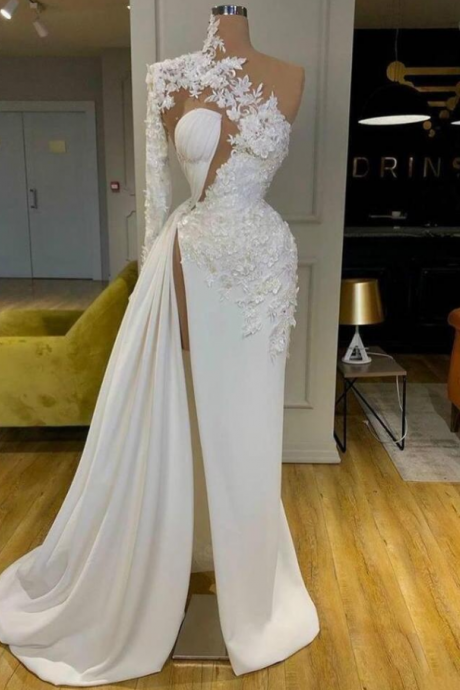 Arabic Dubai White Prom Dresses Sexy High Side Split Long Sleeve Lace Appliqued Beads Evening Gowns Plus Size Formal Dress