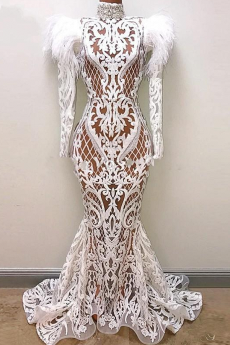 See Through Mermaid Evening Dresses With Long Sleeves Lace Appliques Feathers Dubai African Prom Dress Long Sleeves High Neck Party Gowns