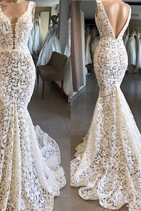Real Image Mermaid Wedding Dresses 2020 Full Lace Modest V-neck Backless Country Bohemian Beach Bride Wedding Gowns robe de mariee