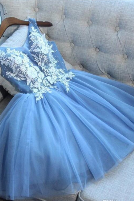 Elegant Sky Blue Tulle A Line Short Homecoming Dresses Lace Applique Beaded Knee Length Short Party Prom Dresses With Lace