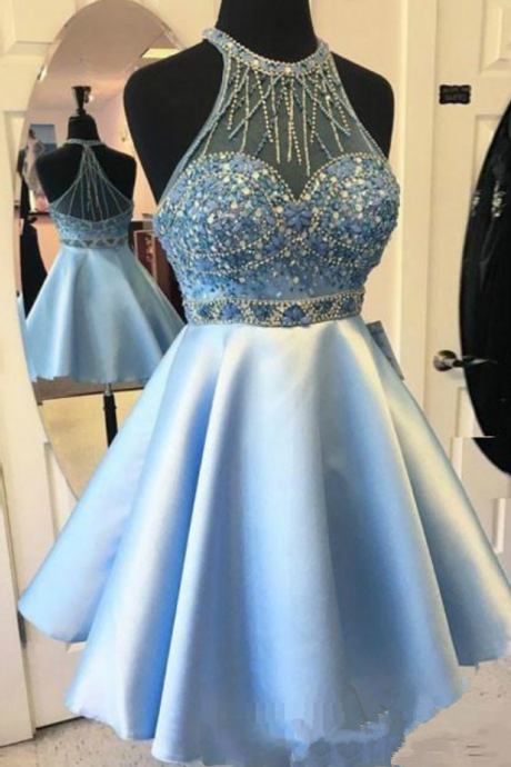 Crystal Beaded Homecoming Dress Sky Blue Short Party Cocktail Gown Mini Prom Evening Graduatiion Dresses