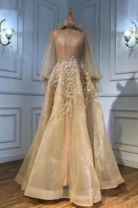 Serene Hill Muslim Champagne Luxury Evening Dresses Gowns 2021 Lantern Sleeves A-line For Women Party
