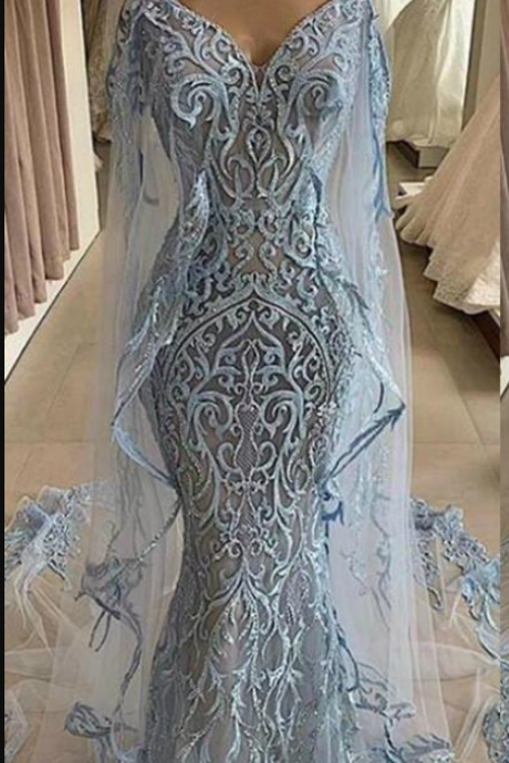 Light Sky Blue 2020 Elie Saab Mermaid Prom Party Dresses With Wrap V Neck Lace Appliqued Evening Gown Plus Size Formal Pageant Wear