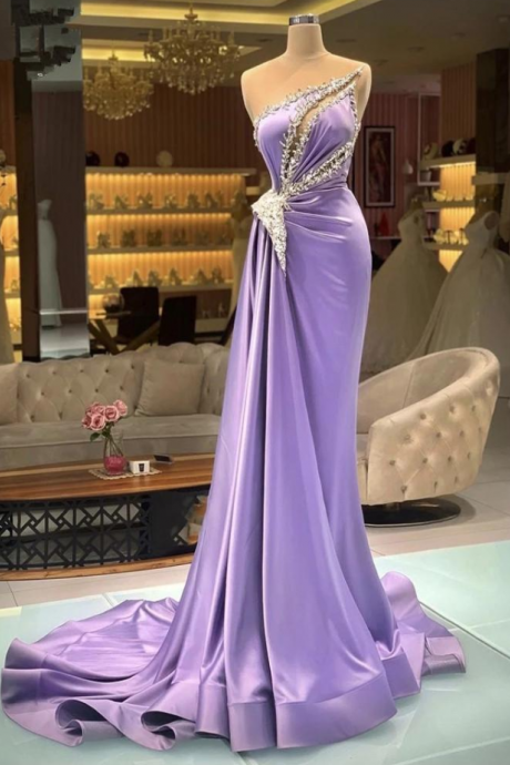 Elegant Lavender Satin Mermaid Evening Dresses Sparkly Silver Sequins Pleats Formal Prom Party Occasion Gowns