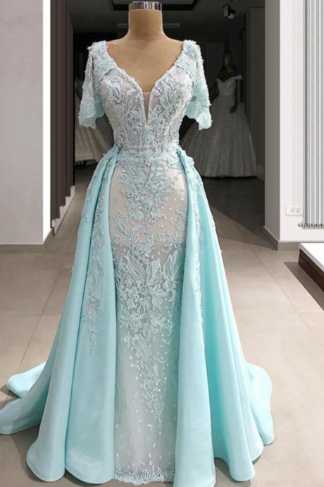 Sky Blue Lace Appliqued Mermaid Evening Dresses With Detachable Train V Neck Short Sleeves Prom Formal Party Pageant Gown