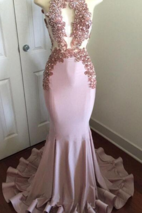 Sexy Pink Mermaid Prom Dresses 2018 Halter Neck With Beads Appliques Cutaway Backless Evening Party Gowns Celebrity Pageant Wear Custom