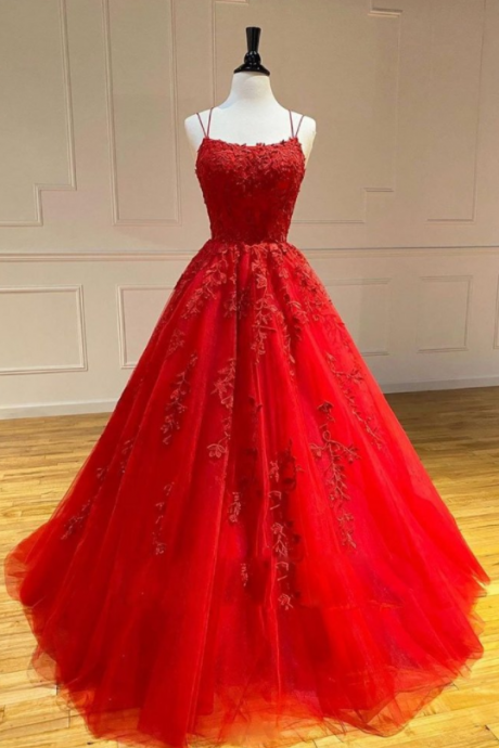 red prom dress, lace applique prom dress, boat neck prom dress, spaghetti straps prom dress, elegant prom dress, prom gowns, senior formal dress, cheap prom dress, 2020 prom dress, evening gown