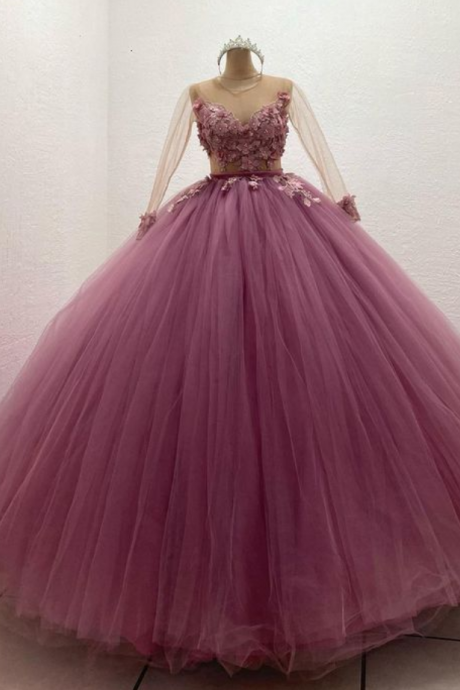 Pink Prom Dress, Lace Prom Dresses, ball Prom Dress, Long Sleeve Prom Dress, Vintage Prom Dresses