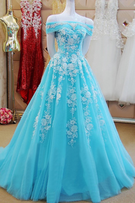 Blue Tulle Prom Dress, Long Lace Prom Dress, Appliques Formal Prom Dress, Crystal Evening Dress