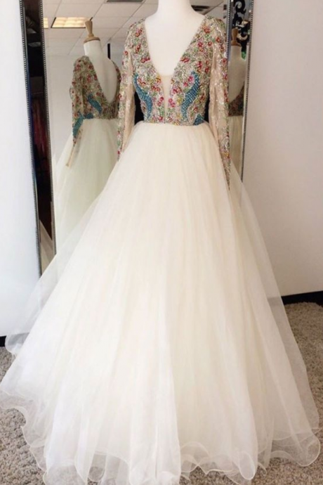 Beading Long Sleeve Prom Dress,long Prom Dresses,prom Dresses,evening Dress, Evening Dresses,prom Gowns