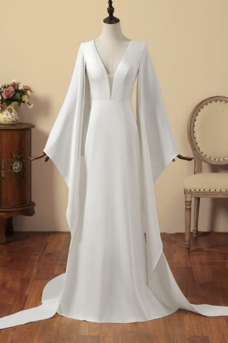 Prom Dresses Elegant Memaid Prom Dress Long Deep V-neck Wedding Dress Evening Gown Italian Satin Formal Occation Dress Long Sleeves Bridal Dress