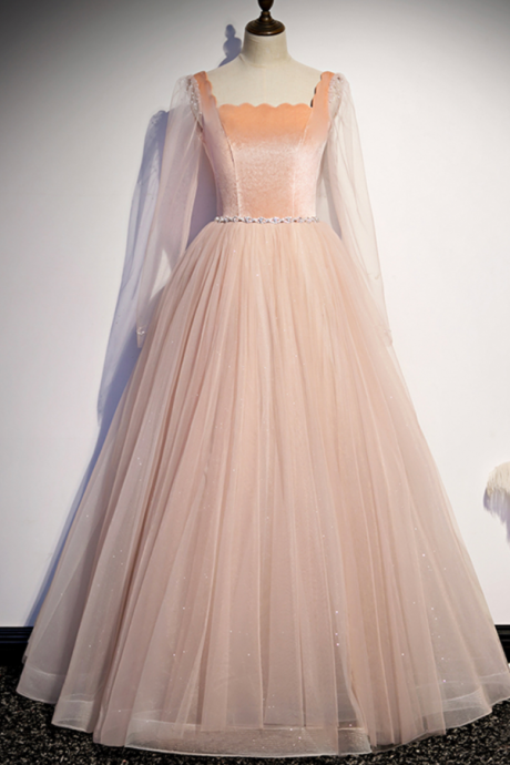 Pink Velvet Tulle Long Prom Dress Evening Dress