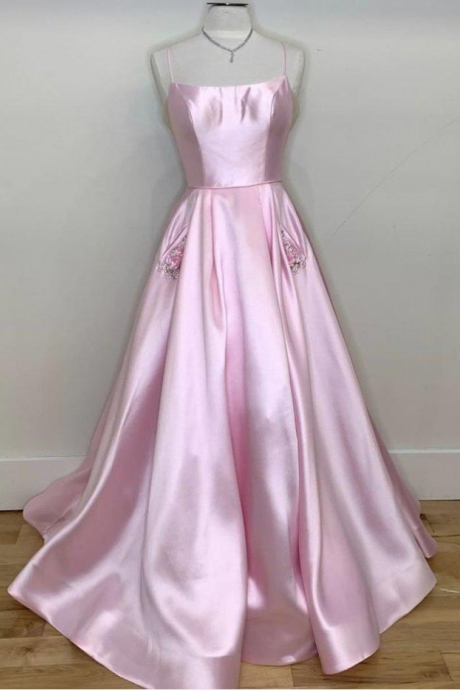 Pink Satin Long Prom Dress Evening Dress