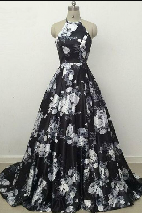 Halter Printing Prom Dress,A Line Prom Dress,CHeap Prom Dress,Sweep Train Black Print Prom Dress,Sleeveless Satin Prom Dress