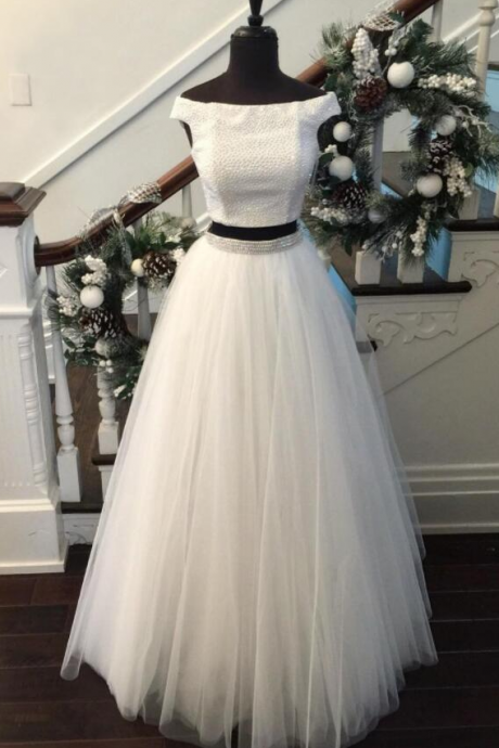 White Two-Piece Prom Dress,Tulle Prom Dress,Sexy prom Dress,Beaded Long Prom Dress,Off Shoulder Tulle Floor-length Evening Dress