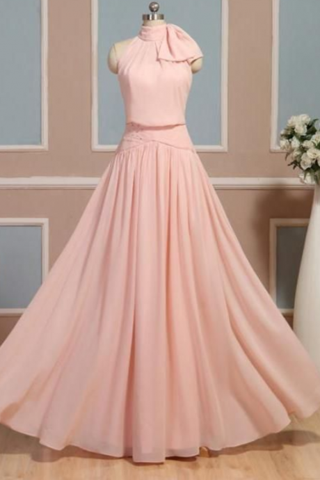 Pink Chiffon Prom Dress,halter Evening Dress,fashion Prom Dress,sexy Party Dress,custom Made Evening Dress