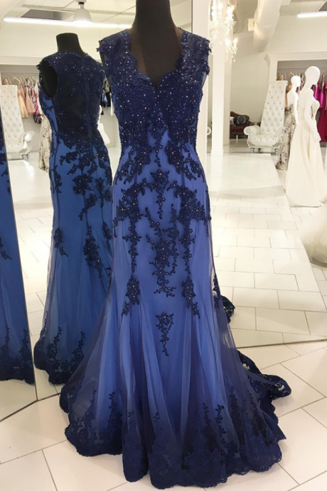 Navy Blue Evening Gowns,mermaid Prom Dress,mermaid Evening Dress,elegant Prom Dress,lace Appliques Prom Dress