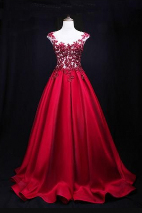 Gorgeous Dark Red Satin Long Cap Sleeves Formal Dress, Prom Dress