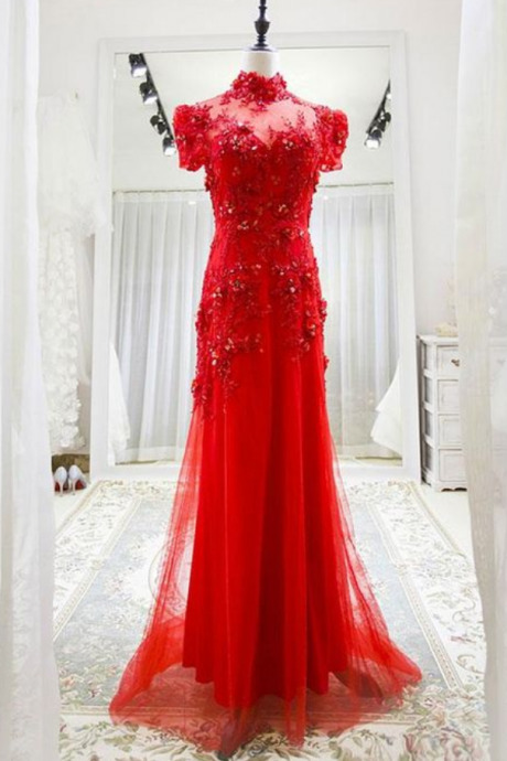Red Tulle Lace Long Prom Dress, Red Lace Tulle Formal Dress