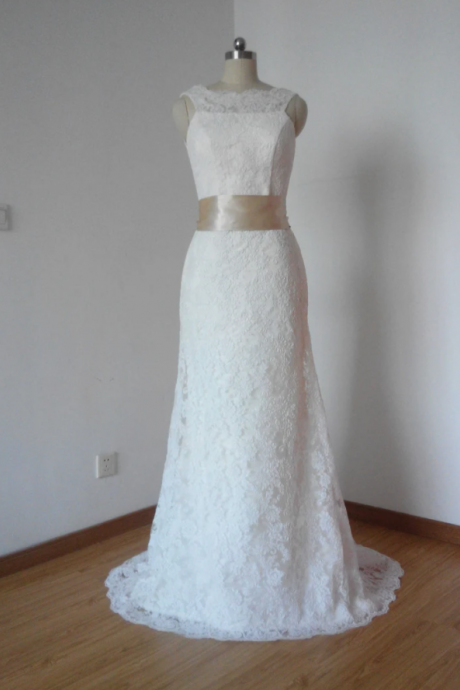 Elegant V-back Ivory Lace Long Wedding Dress With Champagne Sash