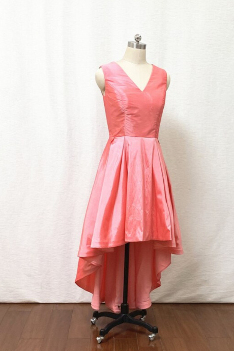 V-neck Watermelon Taffeta High Low Prom Dress
