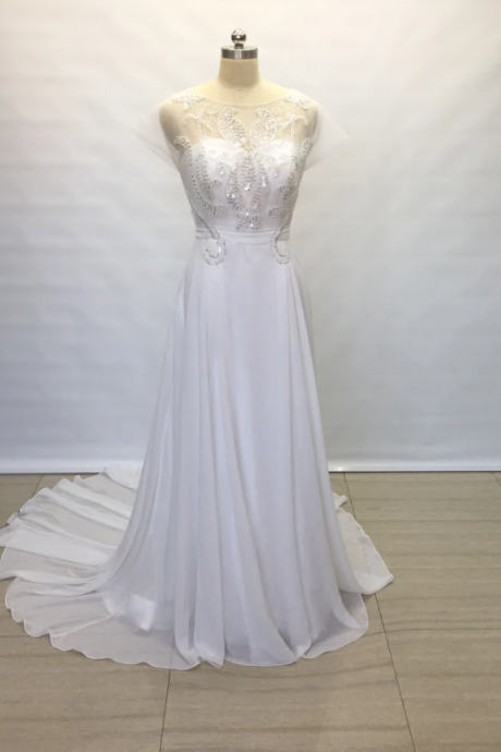 Custom Cap Sleeves Beaded Ivory Tulle Chiffon Long Wedding Dress
