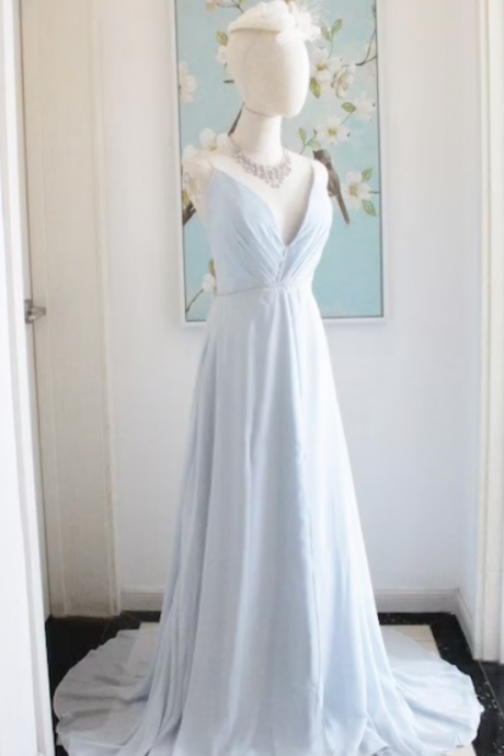 Prom Dresses V Neck Low Back Blue Maxi Dress Long Chiffon Photo-shooting Dress Strap Bridesmaid Dress