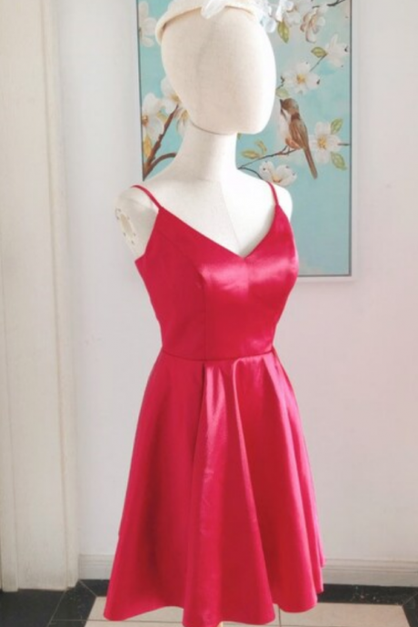 Homecoming Dresses Short Red Satin Homecoming Dress With Pockets, Homecoming Dress Under 100, Simple Red Homecoming Prom Dresses