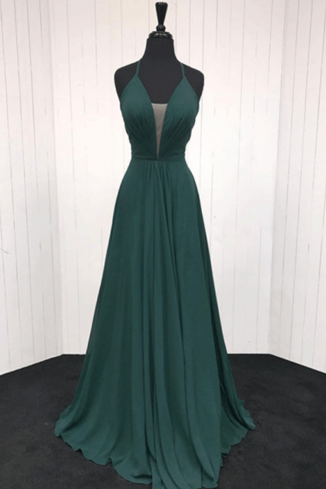 Simple Dark Green V-neck Chiffon Prom Dress,a-line Green Evening Dress