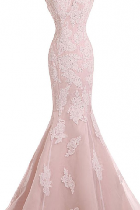 Pink Lace Appliquéd and Beaded Embellished Floor Length Mermaid Evening Gown Featuring Bateau Neckline and Cap Sleeves Bodice