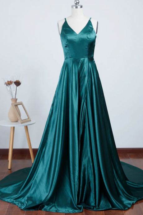 Prom Dresses V Neck Emerald Long Prom Dresses With Sweep Train, Emerald Long Formal Evening Dresses