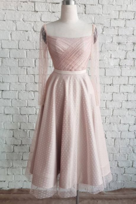 Cute Pink Tulle Mid Length Prom Dress, Bridesmaid Dress With Sleeve