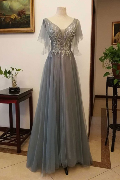 Gray Tulle Lace Cap Sleeve Long Women Prom Dress, Evening Dress