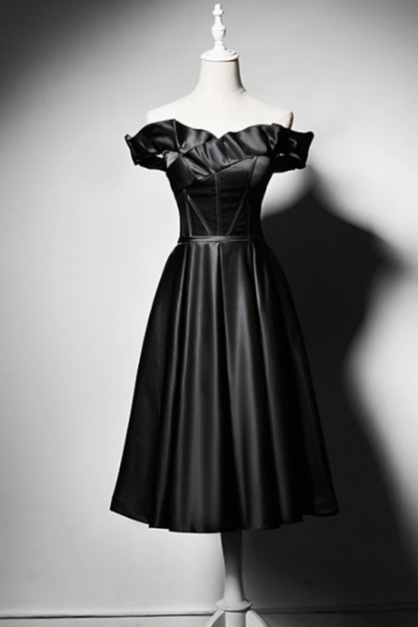 Simple Black Satin V Neck Short Prom Dress, Homecoming Dress