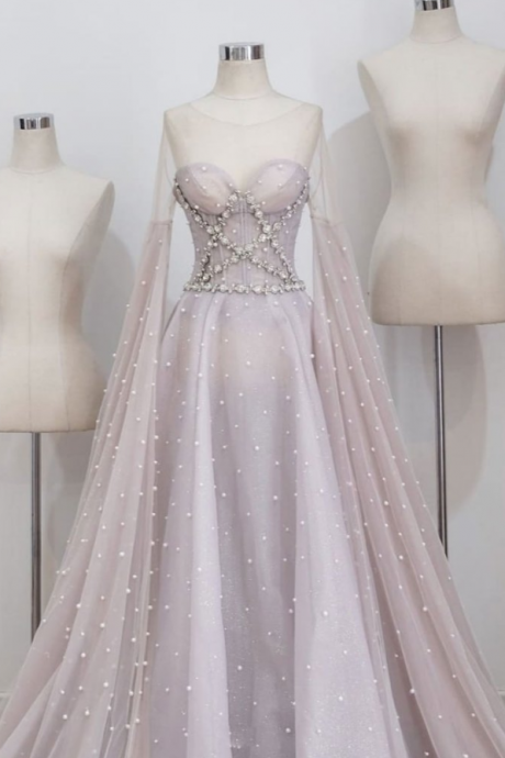 2021 Spring Long Sleeve Pearl Beaded Senior Prom Dress, Tulle Formal Dress