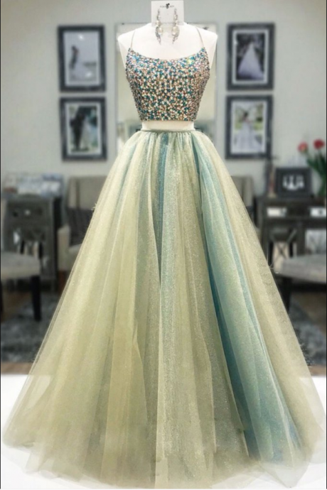 Unique Long Tulle Two Piece Beaded Open Back Long Prom Dress, Evening Dress