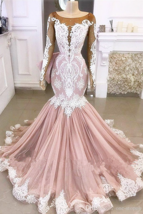Blush Pink African Plus Size Mermaid Prom Dresses Vintage Long Sleeves Evening Gonw Sexy Lace Appliqued Sheath Formal Party Wear