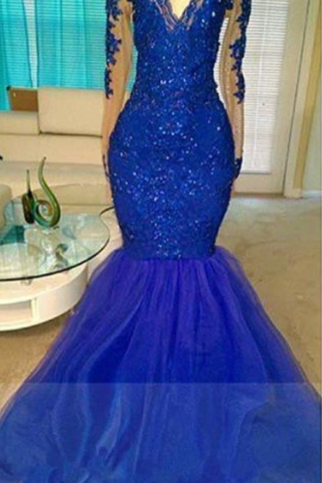 Prom Dresses Long Sleeves 2019 Sexy Sheer Beaded Sequins Appliques Lace Mermaid Prom Dresses Elegant Royal Blue Evening Dresses