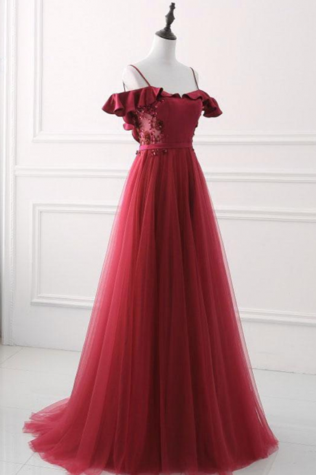 Elagant Burgundy Off The Shoulder Sequined Beaded Long Prom Dress,burgundy Tulle Evening Dress