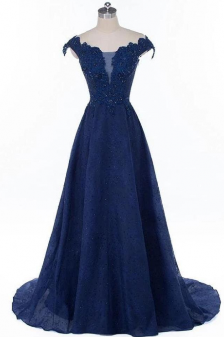 A Line Cap Sleeves Dark Blue Beaded Lace Long Prom Dresses Formal Grad Dress Evening Gowns