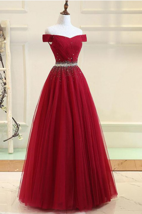 Elegant Long Prom Dresses With Crystal Belt,sparkle Off The Shoulder Burgundy Tulle Party Dress