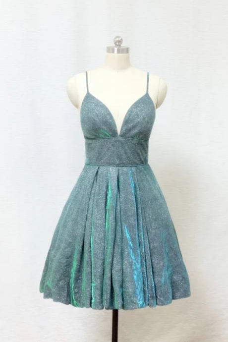 Spaghetti Straps Silver Green Glitter Short Homecoming Dress with Pockets