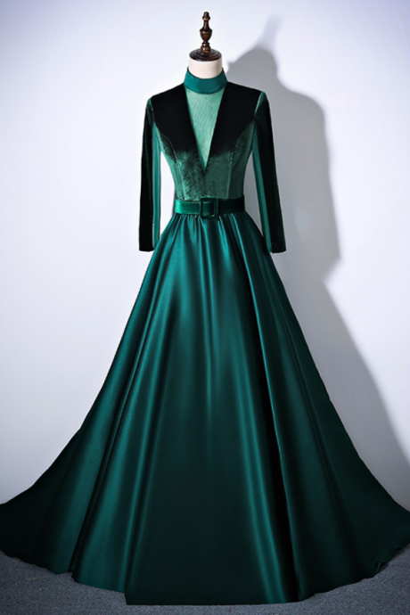 Green Velvet And Satin A-line Formal Dresses Evening Dress, Long Prom Dress
