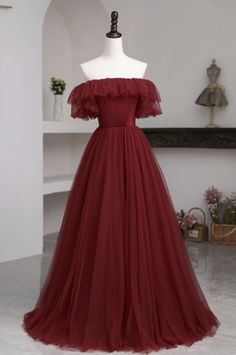 Wine Red Off Shoulder Tulle Long Evening Dress Prom Dress, Tulle Party Dresses Formal Dresses