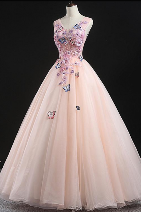 Charming Pink Flowers Ball Gown Long Sweet 16 Dress, Pink Prom Dress