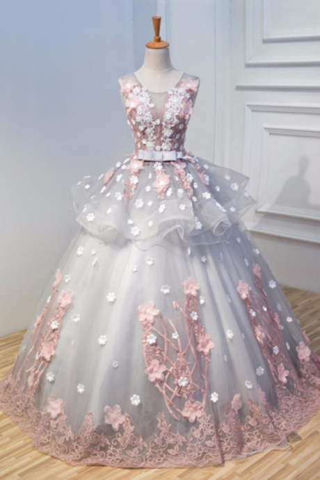 Flower Long A-line Evening Dress,Lace appliqués senior prom dresses